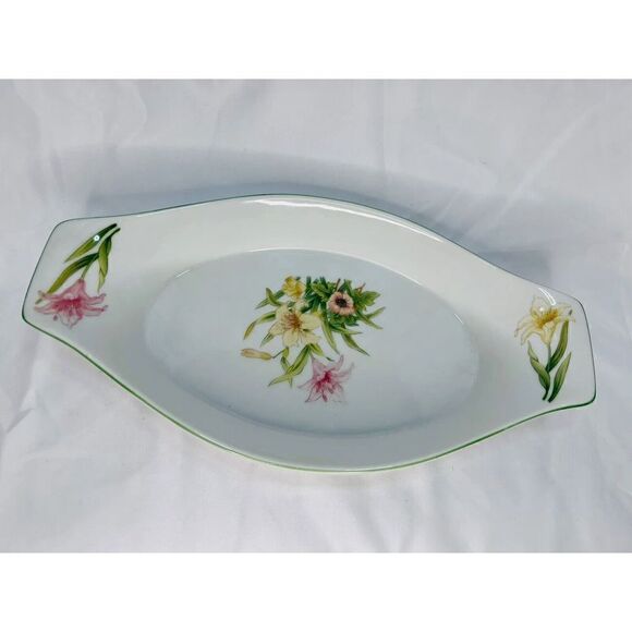 Jade Lily by Shafford Fine Porcelain Baking Dish Flowers Oblong 13”x 7”x 2” - Picture 1 of 9